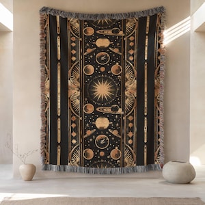Celestial Woven Cotton Blanket: Golden Galaxy Throw, Space Decor