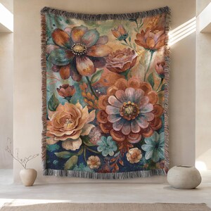 Floral Woven Cotton Blanket: Colorful Botanical Throw, Cozy Home Decor