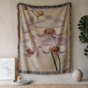 Woven Cotton Blanket: Purple Orchid Floral Throw, Botanical Home Decor