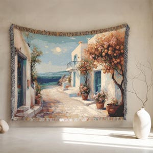 Woven Blanket 100% Cotton Seaside Greece Painting Beach Blanket Home Decor Ocean Tapestry Greek Landscape Throw Summer Housewarming Gift Joy