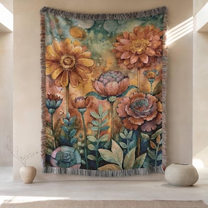 Watercolor Floral Woven Blanket: 100% Cotton Boho Throw