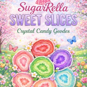 May include: An illustrated advertisement for "SugarRella Sweet Slices Crystal Candy Geodes." The image features colorful, geode-shaped candies in various colors, surrounded by flowers and butterflies. Text at the bottom reads "Restock Announcement!"