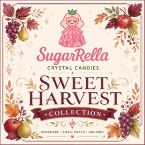 May include: A square product label for SugarRella Crystal Candies Sweet Harvest Collection. The design features a pink fairy icon, red apples, yellow pears, and purple grapes surrounded by autumn leaves on a cream background with text.
