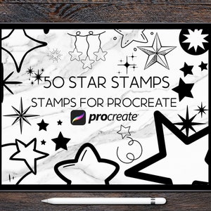 Może przedstawiać: Ekran tabletu cyfrowego wyświetla kolekcję 50 stempli w kształcie gwiazd do Procreate, aplikacji do tworzenia grafiki cyfrowej. Stemple są czarno-białe i przedstawiają różne style gwiazd, w tym proste, ozdobne i fantazyjne.