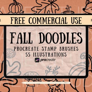 Peut inclure: Une illustration numérique d'un écran de tablette affichant un ensemble de 55 doodles sur le thème de l'automne pour Procreate. Le texte sur l'écran indique "Fall Doodles" et "Procreate Stamp Brushes 55 Illustrations". L'écran est entouré de doodles sur le thème de l'automne, y compris des feuilles, des citrouilles, des glands et un hibou.