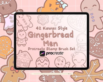 May include: A digital illustration of 42 kawaii style gingerbread men stamp brushes for Procreate. The image shows a variety of gingerbread men designs, including traditional gingerbread men, gingerbread men with different expressions, and gingerbread men with different accessories. The image also includes a gingerbread house, snowflakes, and hearts.