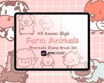 48 Kawaii Farm Animals Procreate Stamps – Cute Brush Set (Digital Download)