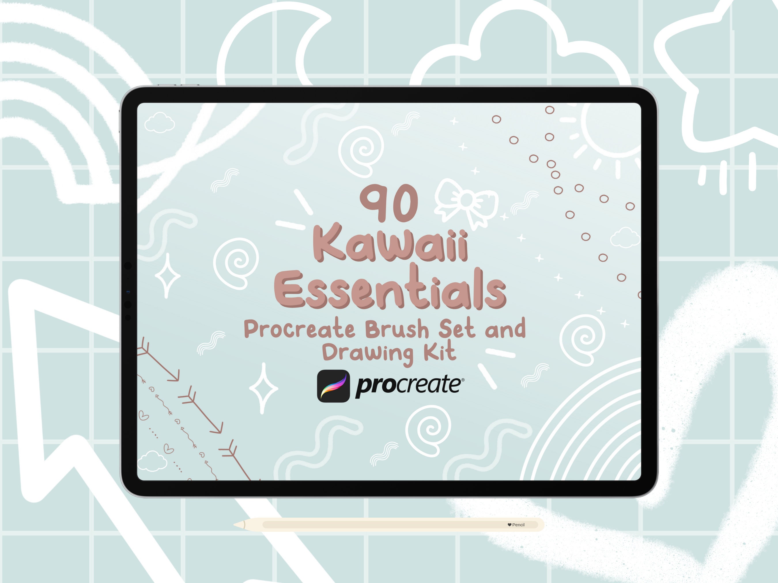 90 Procreate Kawaii Essentials Brush Set & Drawing Kit with Stamps, Chains + Palette