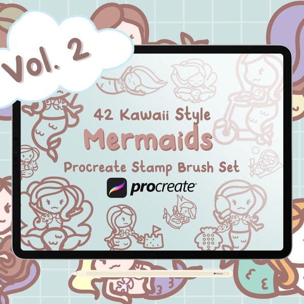 42 Procreate Mermaids Vol. 2 Stamp Brushes, Procreate Cute Kawaii Mermaid Procreate Brushes