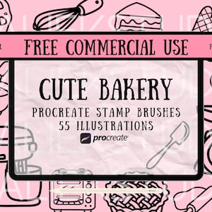 May include: A digital illustration of a tablet screen displaying a pink background with the text "Cute Bakery" and "Procreate Stamp Brushes 55 Illustrations". The tablet is surrounded by black and white illustrations of bakery items, including a whisk, a mixer, a rolling pin, a pie, a cake, a spatula, a chef's hat, and a scale.