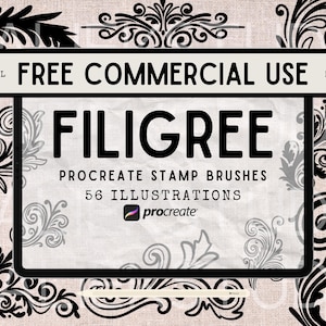 May include: Black and white filigree design Procreate stamp brushes. 56 illustrations for digital and physical use. Free commercial use.