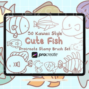 May include: A digital tablet screen displaying a set of 50 kawaii style cute fish Procreate stamp brush set. The screen is surrounded by a blue background with a grid pattern. The text "50 Kawaii Style Cute Fish Procreate Stamp Brush Set" is displayed on the screen. The Procreate logo is also displayed on the screen.
