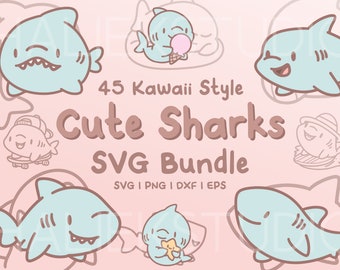 Cute Kawaii Shark SVG Bundle – 45 Chibi Shark Clipart (Digital Download)