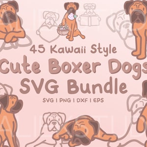 45 Cute Boxer Dogs SVG Bundle - Cute Kawaii or Chibi Boxer images in SVG, png, dxf, or eps files to use as clip art