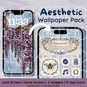 May include: Aesthetic wallpaper pack displayed on two smartphones. One shows a lock screen with purple wisteria, the other a home screen with a bee icon and a masquerade ball invitation. Includes 2 widgets and 31 app icons.