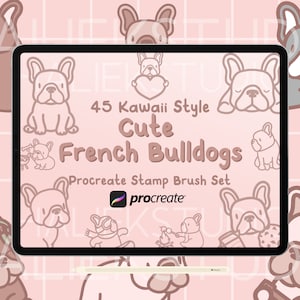 Zestaw 45 pędzli Procreate Stamps French Bulldog - urocze pędzle Procreate w stylu Kawaii