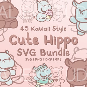 45 nijlpaard SVG-bundel - schattige kawaii- of chibi-nijlpaardafbeeldingen in SVG-, png-, dxf- of eps-bestanden om als illustraties te gebruiken