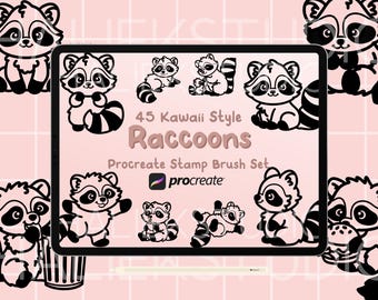 45 Kawaii Waschbär Procreate Stempel Pinsel Set