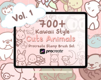 700+ Kawaii Tier Procreate Stempel: Doodle Brush Set (Band 1)
