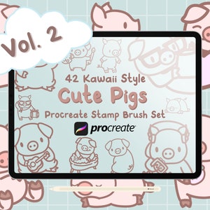 42 Procrear cerdos lindos vol. 2 Conjunto de pinceles de sellos Procreate - Lindos pinceles Procreate de cerdos estilo Kawaii
