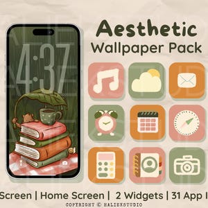 May include: Aesthetic wallpaper pack featuring a phone screen with a cozy illustration of books and a cup of coffee. Includes app icons in shades of pink, green, and orange. The text on the phone screen shows the time 4:37.