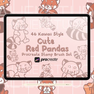 46 Conjunto de pinceles de sellos Procreate de pandas rojos - Lindos pinceles Procreate estilo Kawaii