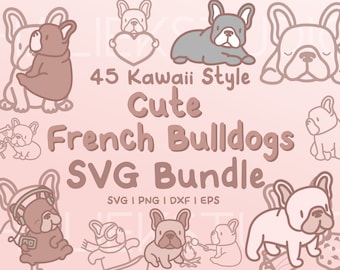 May include: A set of 45 digital illustrations of cute French Bulldogs in various poses and activities. The illustrations are in a kawaii style and are perfect for crafting projects, scrapbooking, and more. The text on the image reads "45 Kawaii Style Cute French Bulldogs SVG Bundle SVG I PNG I DXF I EPS".