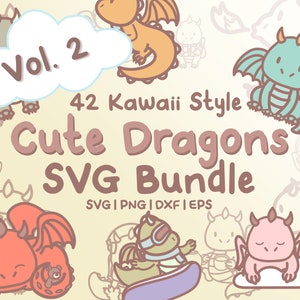 42 Cute Dragons Vol. 2 Svg Bundle - Cute Kawaii or Chibi Dragon images in SVG, png, dxf, or eps files to use as clip art