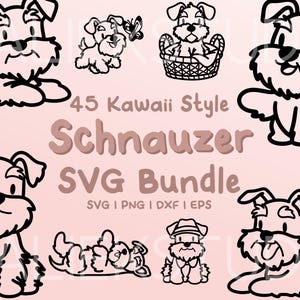 45 Schnauzer SVG-bundel - schattige kawaii- of chibi-schnauzerafbeeldingen in SVG-, png-, dxf- of eps-bestanden om als illustraties te gebruiken