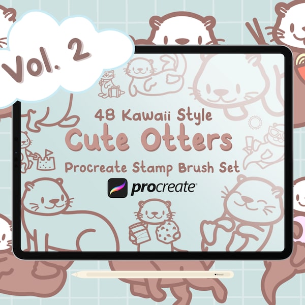 48 Procreate Cute Otters Vol.2  Stamps - Cute Kawaii Procreate Stamp Brush Set