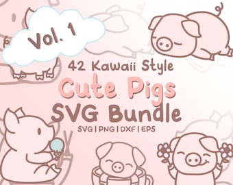 42 Cute Pigs Svg Bundle - Cute Kawaii or Chibi Pig images in SVG, png, dxf, or eps files to use as clip art