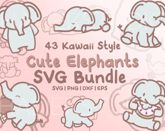 Cute Elephant SVG Bundle - 43 Kawaii Chibi Clipart (Digital Download)