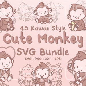 Puede incluir: Un conjunto de 45 ilustraciones de monos lindos de estilo Kawaii en paquete SVG. Los monos son marrones y tienen ojos grandes y sonrisas. El texto "45 Kawaii Style Cute Monkey SVG Bundle" está escrito en letras marrones sobre un fondo rosa.
