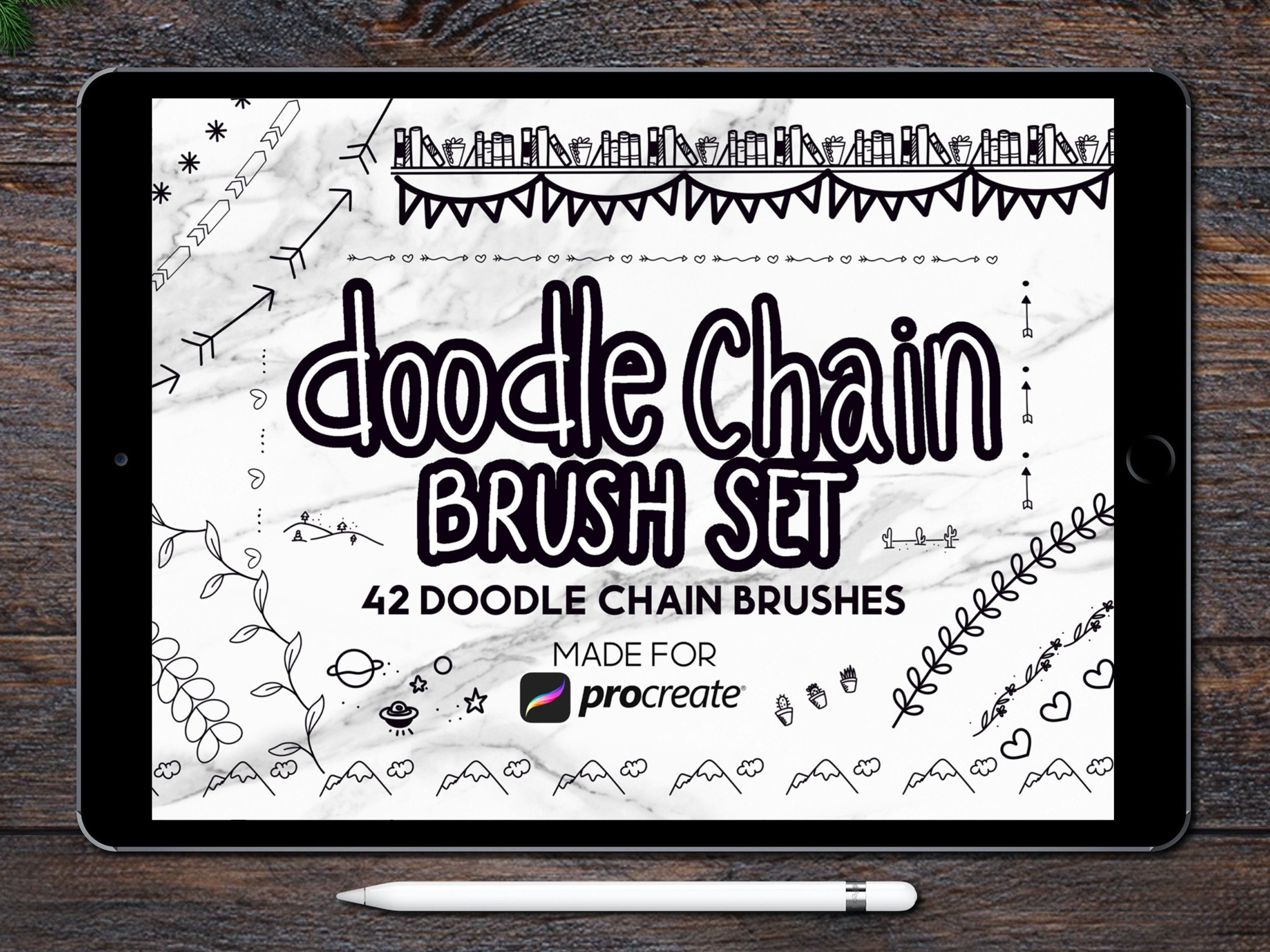 Set de pinceles Doodle Chain para Procreate – 42 pinceles de borde y sello dibujados a mano