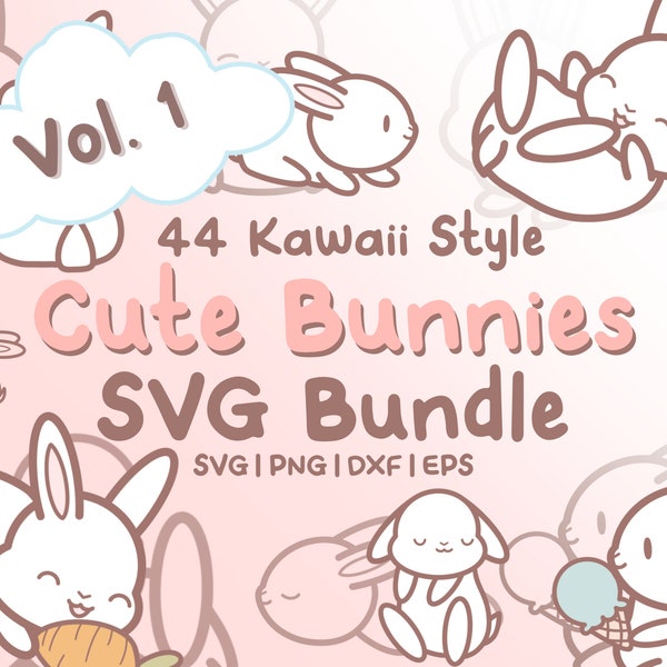 44 Cute Bunnies Svg Bundle - Cute Kawaii or Chibi Bunny images in SVG, png, dxf, or eps files to use as clip art
