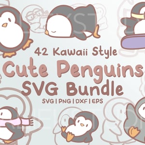 Paquete SVG de 42 pingüinos adorables: lindas imágenes de pingüinos kawaii o chibi en archivos SVG, png, dxf o eps para usar como imágenes prediseñadas