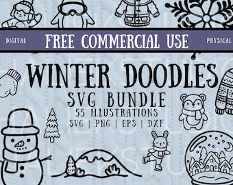 55 Winter Doodle SVG Bundle - Winter Time Snow Themed Doodle Art Images - with Free Commercial Use