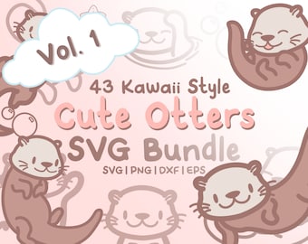 43 Cute Otters Volume 1 Svg Bundle - Cute Kawaii or Chibi Otters images in SVG, png, dxf, or eps files to use as clip art