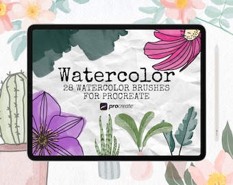 May include: A digital tablet screen displaying a set of 28 watercolor brushes for Procreate. The screen shows a variety of watercolor brush strokes, including flowers, leaves, and cacti. The text "Watercolor 28 WATERCOLOR BRUSHES FOR PROCREATE" is displayed on the screen. The Procreate logo is also visible.