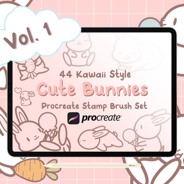 44 Procreate Cute Bunnies, Cute Kawaii Procreate Stamps, Procreate Cute Kawaii Bunny Procreate Brushes