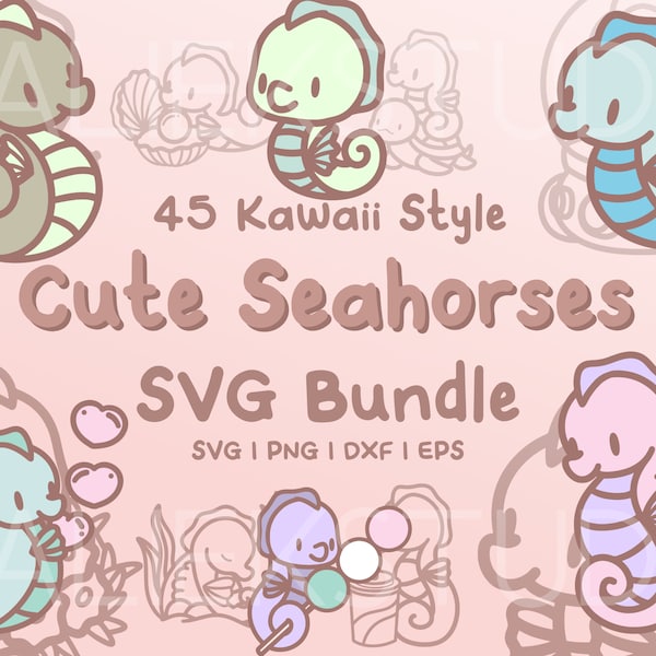 45 Seahorse SVG Bundle - Cute Kawaii or Chibi Seahorse images in SVG, png, dxf, or eps files to use as clip art
