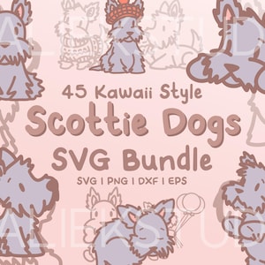 45 Scottie Dogs SVG Bundle - Cute Kawaii or Chibi Scottish Terrier images in SVG, png, dxf, or eps files to use as clip art