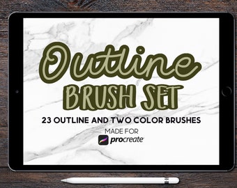Könnte beinhalten: Ein digitales Tablet zeigt eine Grafik für einen Satz von 23 Outline- und Zwei-Farben-Pinseln für die Procreate-App. Die Grafik zeigt den Text "Outline Brush Set" in einer grünen und weißen Schriftart auf einem weißen Marmorhintergrund.