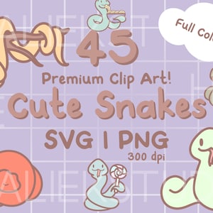 45 Cute Snakes Premium Clip Art Bundle - imagens fofas de cobra em cores Kawaii ou Chibi em SVG e arquivos PNG transparentes