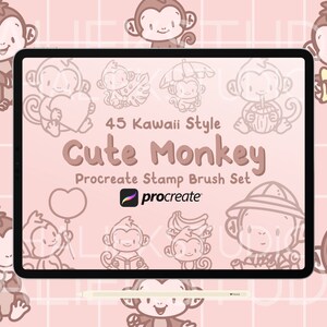 May include: A digital illustration of a set of 45 kawaii style monkey stamps for Procreate. The image shows a variety of cute monkeys in different poses, including holding hearts, drinking from coconuts, and wearing hats. The text "45 Kawaii Style Cute Monkey Procreate Stamp Brush Set" is displayed on the image.