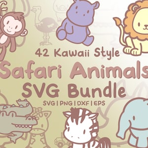42 Safari Animals Svg Bundle - Cute Kawaii style safari animal images in SVG, png, dxf, or eps files to use as clip art