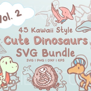 45 Dinosaures Vol. Lot de 2 images de dinosaures de style kawaii au format SVG, png, dxf ou eps à utiliser comme clipart