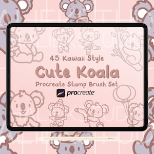 Pode incluir: Uma ilustração digital de uma tela de tablet que mostra um conjunto de 45 pincéis de carimbo de coala de estilo kawaii para Procreate. O texto "45 Kawaii Style Cute Koala Procreate Stamp Brush Set" é exibido na tela. O logotipo do Procreate também é exibido na tela.