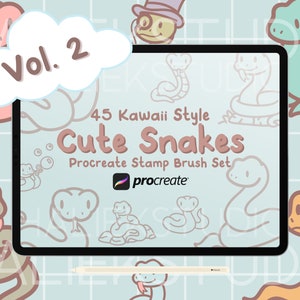Op de afbeelding: Een digitale illustratie van een tabletscherm waarop een set van 45 kawaii-stijl stempelborstels voor slangen voor Procreate wordt weergegeven. De tekst op het scherm luidt "Vol. 2 45 Kawaii Style Cute Snakes Procreate Stamp Brush Set". De afbeelding is omgeven door een lichtblauwe betegelde achtergrond met verschillende schattige slangenillustraties.