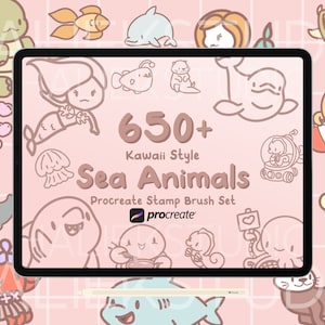 Könnte beinhalten: Eine digitale Illustration eines Tablet-Bildschirms, auf dem ein Set mit über 650 Kawaii-Style-Seetier-Procreate-Stempelpinseln angezeigt wird. Der Bildschirm ist von einem rosa Hintergrund mit verschiedenen Seetier-Illustrationen umgeben.